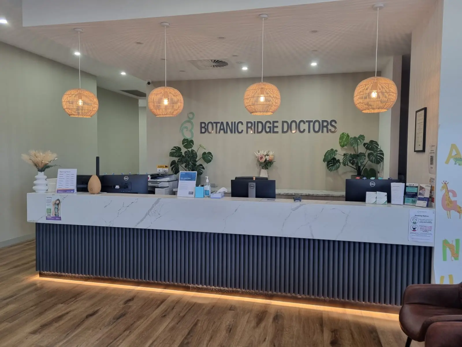 The bright, welcoming reception and waiting area at Botanic Ridge Doctors